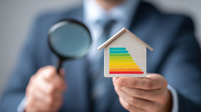 Analyzing home energy efficiency. A man inspecting a house model with a magnifying glass, focusing on energy rating. Homeowner expertise.
