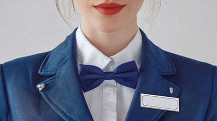 Confident woman in sharp blue suit and bow tie exudes professionalism with a clear name tag, ready to assist with a smile and focused gaze.