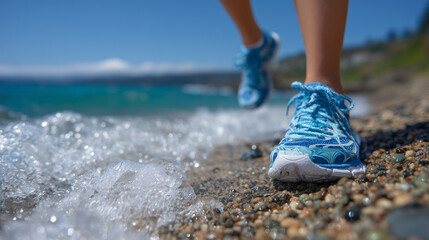Close-up of womanâs sneakers kicking up sand as she runs along tropical beach, turquoise waves crashing beside her, sunlight glinting on water, fitness and healthy lifestyle vibe