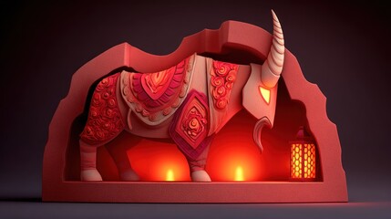Stylized depiction of an ornate bovine figure with a prominent horn inside a red alcove illuminated by soft lights