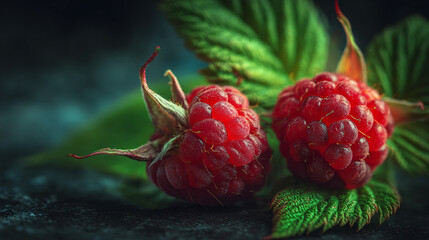 Close-up of fresh raspberries. Vivid red berries with delicate green leaves, beautifully arranged, evoke a sense of freshness and healthy living.