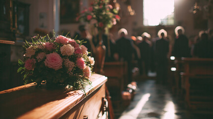 A floral tribute rests atop a wooden casket, bathed in sunlight during a memorial service, honoring life with beauty and solemn remembrance.
