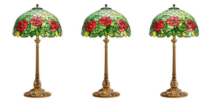Three decorative stained-glass lamps featuring red roses and green foliage on a black background