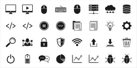 Web development and cybersecurity icon set with code, bug, graph, database, cloud, and shield.