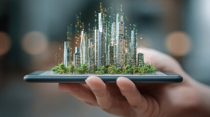 Futuristic city skyline displayed on a handheld device, blending technology and nature with shimmering particles and lush greenery.