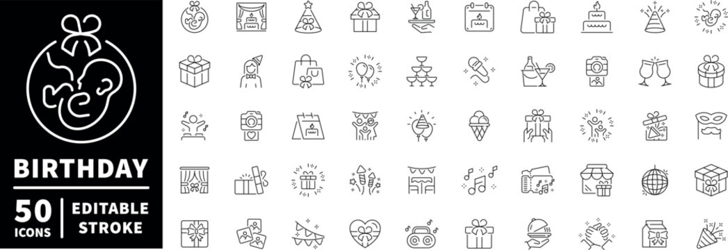 Birthday celebration icons set. editable line icons, outline, party, gifts