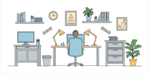 Home office illustration with desk, computer, man working, plants, lamp, books, and furniture.