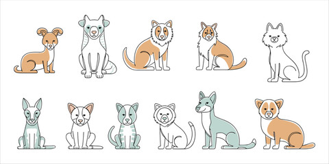 Cute dog breed icons in minimal style. Set of sitting puppies in color and outline for pet design.