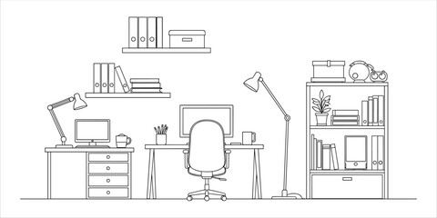 Home office line art with desk, chair, computer, lamp, shelf, books, clock, and stationery.