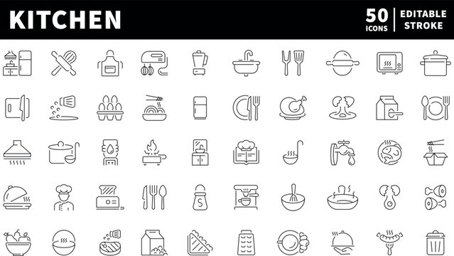 Kitchen icons set. editable line icons for cooking, culinary, and dining themes
