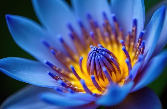 Macro shot of fresh blue water lily flower. Vibrant petals open, showing bright yellow center with purple stamens. Aquatic bloom beautiful, serene, growing in nature. Represents peace, beauty, - Powered by Adobe