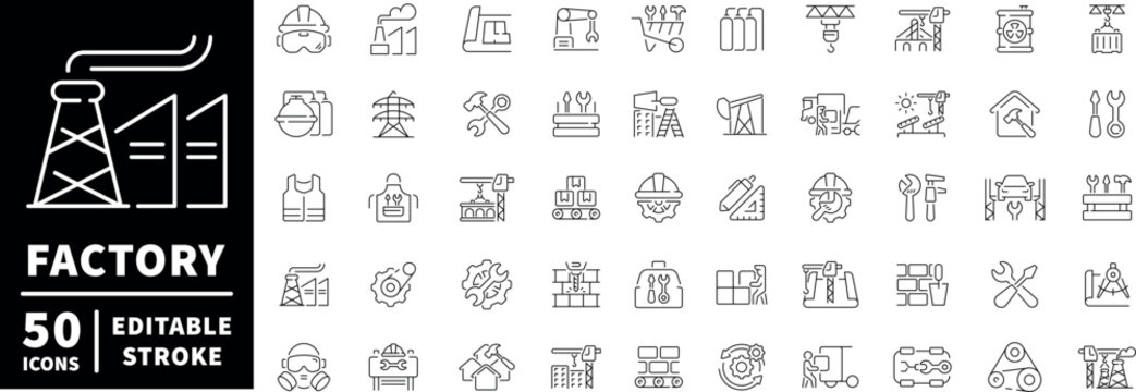 Factory and industry icons set. line, editable line icons, manufacturing and engineering