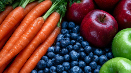 Assortment of fresh organic produce including carrots, tomatoes, berries, apples, top-down view, colorful and visually balanced, promoting healthy eating