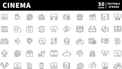 Cinema icons set. editable line icons. linear, film, movie theater graphics