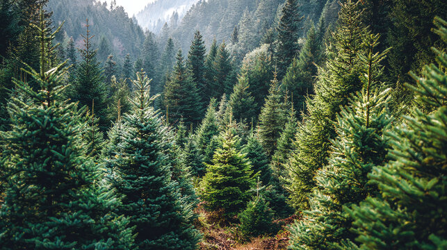 Verdant forest landscape filled with coniferous trees reaching towards a misty sky, creating a serene and dense woodland scene.