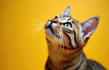 Tabby cat looks up intently against bright yellow background. Its green eyes focus on unseen object. Whiskers are prominent on its muzzle. This is a close-up portrait.