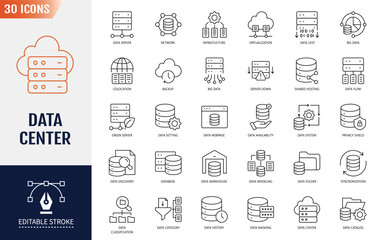 Data Center icon set. Server, hosting, cloud computing, security, internet, computer, data processing, and more. Editable stroke. Vector illustration