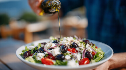 Close-up of hands preparing fresh salad with colorful vegetables, olive oil drizzle, vibrant healthy meal