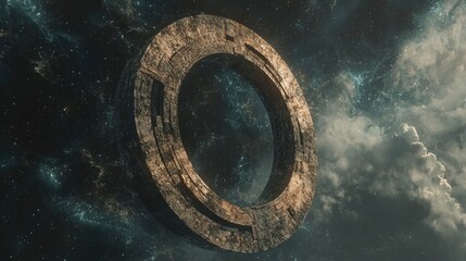 Mysterious Ancient Ring Structure Floating in a Cloudy Sky.