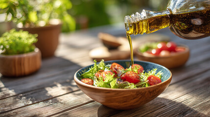Golden olive oil drizzling down to a vibrant salad made with fresh tomatoes and lettuce, on a wooden table bathed in sunlight.