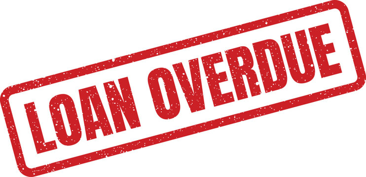 Textured red rubber stamp containing the urgent message LOAN OVERDUE, often used for financial warnings and reminders on documents