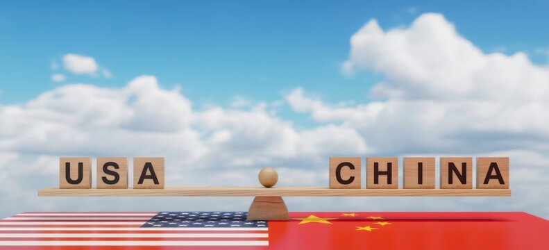 Geopolitical Balance: A symbolic representation of the global power dynamic, with USA and CHINA balanced on a seesaw against the flags of each respective nation.