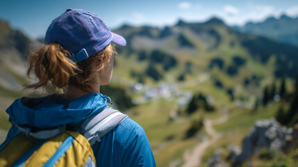 Woman hiking on mountain trail, panoramic landscape view, outdoor adventure and healthy lifestyle imagery