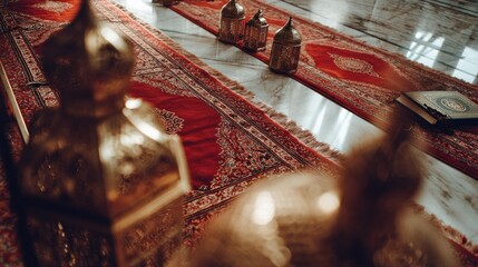 Ornate metallic lanterns illuminate a sacred space featuring patterned prayer rugs on marble flooring beside a holy book