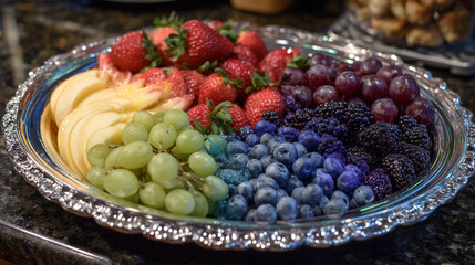 Fresh fruit platter arranged in rainbow pattern, vibrant colors, promoting healthy nutrition and aesthetic appeal