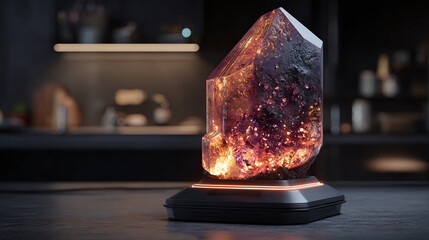 A radiant crystal of amethyst and amber glows with inner light, perched elegantly on a modern stand against the backdrop of a minimalist kitchen.