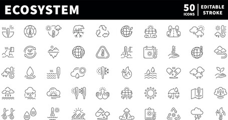 Ecosystem icons set. line, editable line icons for nature and environment design