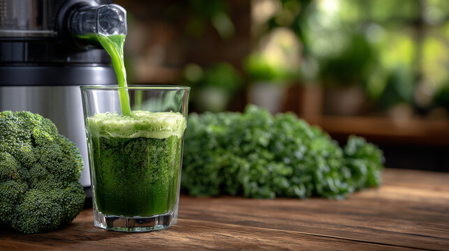 Juicing fresh vegetables in modern kitchen, vibrant green liquid flowing into glass, clean nutrition and detox concept - Powered by Adobe