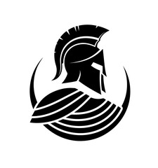 A sleek black-and-white vector illustration captures the commanding profile of a Spartan warrior, featuring a crested helmet and stylized curved stripes that form a dynamic, circular armor base