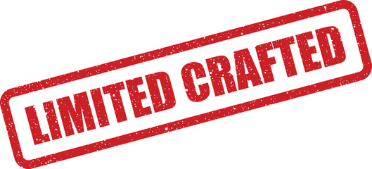 Textured red rubber stamp displaying the phrase limited crafted within a rectangular outline for product branding