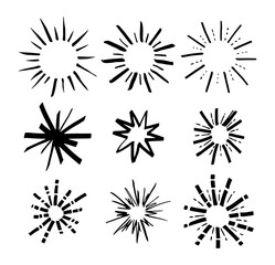 Obraz premium Round Marker Sunburst Different Types Black Doodle Line Set. Vector illustration of Grunge Stroke Sunbursts