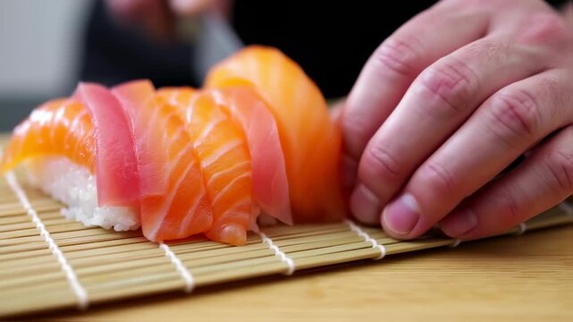 A chef's hands using a knife to slice nigiri sushi on a bamboo mat. Different salmon pieces shown