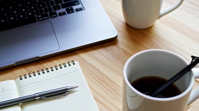 Workspace scene with laptop, coffee, notebook, pen and glasses on a light wooden surface