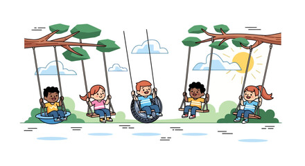 Joyful diverse children playing on swings in a sunny park illustration, depicting friendship and outdoor fun on a vibrant day