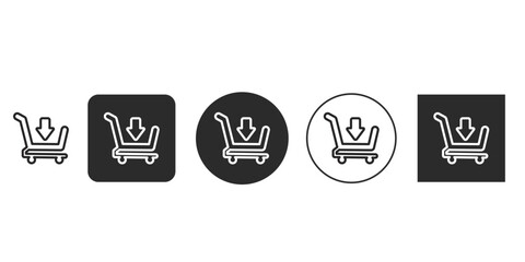 Add to cart icon variations for UI design | Shopping basket symbol with downward arrow vector set | E-commerce buy button graphic for website navigation | Outline and filled black and white shopping 