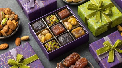 Assortment of gourmet sweets and mixed nuts displayed with festive gift boxes