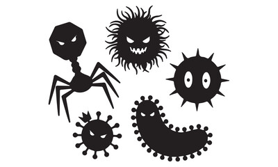 Essential Hygiene and Pathogen Icon Set: Virus Silhouettes, Hand Washing Steps, and Microbe Threat Symbols Vector Graphics