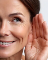 Woman Listening Intently with Pleasant Expression and Bright Smile