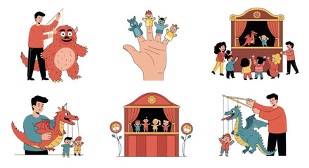 Puppet Shows and Puppetry Art Vector Illustration Collection