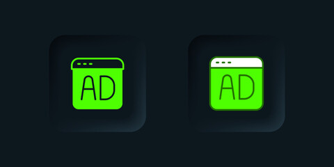 Green Advertising icon isolated on black background. Concept of marketing and promotion process. Responsive ads. Social media advertising. Black square button. Vector