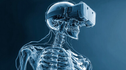 Translucent rendering of a human skeleton wearing a virtual reality headset against a dark blue background, conveying innovation in healthcare.