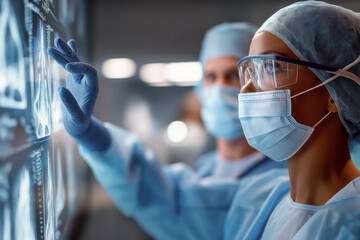Female radiologist analyzing x-ray scans on digital screen during diagnostic procedure in modern hospital