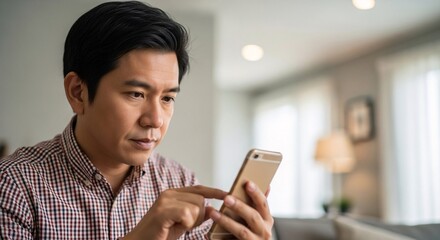 Asian man uses smart phone at home Young adult browsing internet shopping online Mobile technology and social media Male user surfing web Digital communication concept1