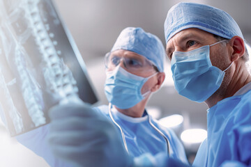 Experienced surgeons reviewing spinal x-ray results during medical diagnosis in a modern hospital