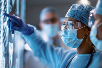Confident female surgeon pointing at digital x-ray results during professional medical consultation in hospital