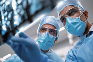 Two male surgeons studying x-ray image during diagnostic procedure in modern hospital radiology department